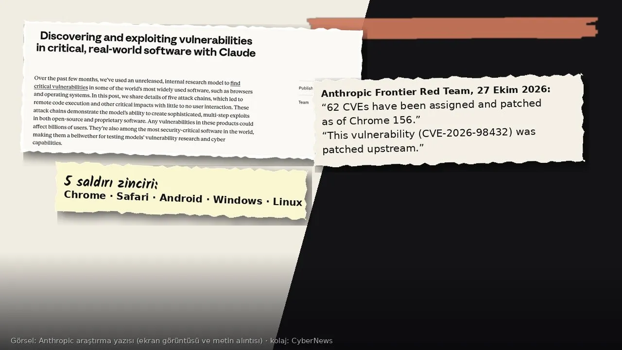 Kolaj: krem ve siyah zemin üzerinde yırtık kâğıt parçaları; solda Anthropic’in “Discovering and exploiting vulnerabilities in critical, real-world software with Claude” başlıklı araştırma yazısının ekran görüntüsü, altında “5 saldırı zinciri: Chrome · Safari · Android · Windows · Linux” notu, sağda Anthropic Frontier Red Team’den “62 CVEs have been assigned and patched as of Chrome 156.” ve “This vulnerability (CVE-2026-98432) was patched upstream.” alıntıları