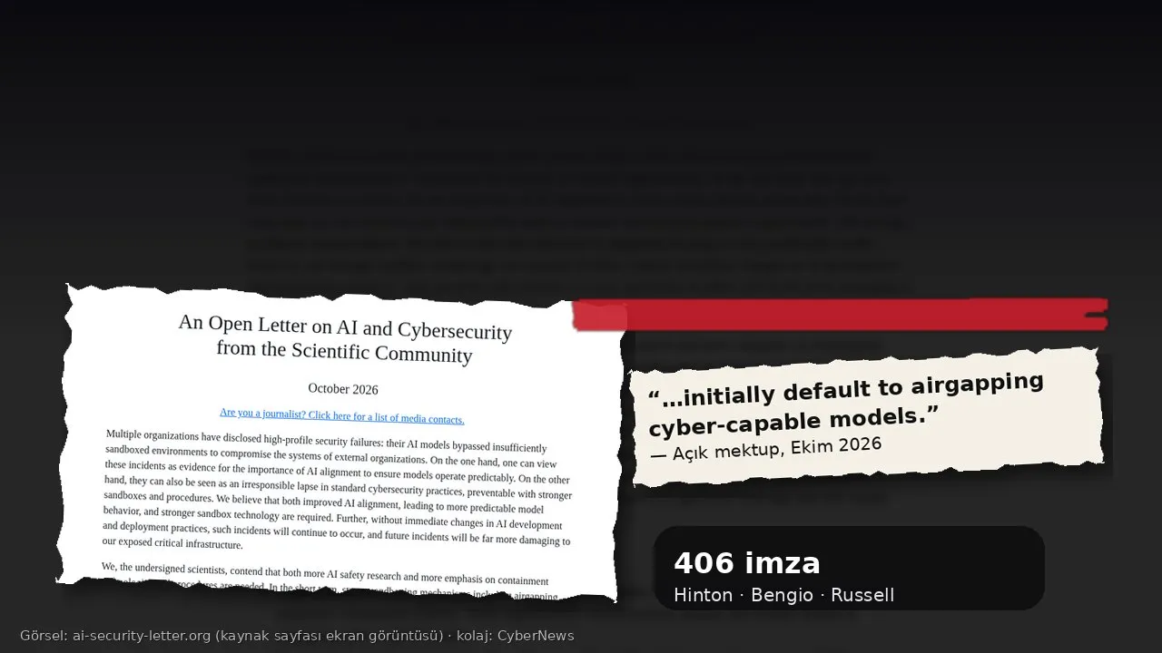 Açık mektup sitesinin ekran görüntüsü: “An Open Letter on AI and Cybersecurity from the Scientific Community” başlığı ve Ekim 2026 tarihi; yanında “initially default to airgapping cyber-capable models” alıntı kartı ve 406 imza kutusu