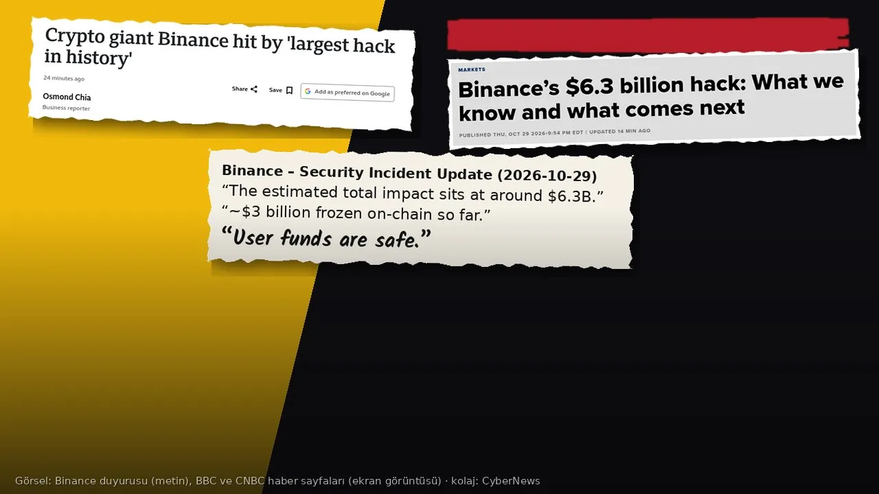 Kolaj: solda sarı, sağda siyah zemin üzerinde yırtık kâğıt parçaları; BBC’nin “Crypto giant Binance hit by ‘largest hack in history’” ve CNBC’nin “Binance’s $6.3 billion hack: What we know and what comes next” haber başlıklarının ekran görüntüleri ile Binance duyurusundan “The estimated total impact sits at around $6.3B”, “~$3 billion frozen on-chain so far” ve “User funds are safe” alıntılarını taşıyan kâğıt kart