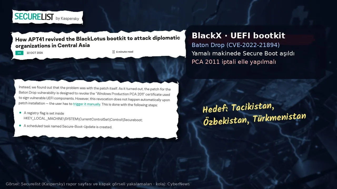 Mavi tonlu, şimşekli devre kartı görselinin üzerinde kolaj: sol üstte Securelist by Kaspersky logosu; yırtık kâğıt üzerinde “How APT41 revived the BlackLotus bootkit to attack diplomatic organizations in Central Asia” başlığı ve 22 Oct 2026 tarihi; altında raporun “Windows Production PCA 2011” sertifikasının iptalinin elle tetiklenmesi gerektiğini anlatan paragrafı; sağda “BlackX · UEFI bootkit / Baton Drop (CVE-2022-21894) / Yamalı makinede Secure Boot aşıldı / PCA 2011 iptali elle yapılmalı” yazan koyu kutu ve el yazısıyla “Hedef: Tacikistan, Özbekistan, Türkmenistan” notu