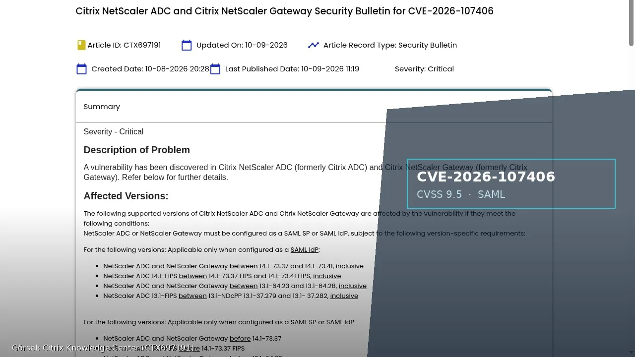 Citrix Knowledge Center güvenlik bülteni CTX697191 sayfasının ekran görüntüsü; CVE-2026-107406 ve Critical etiketi görünüyor