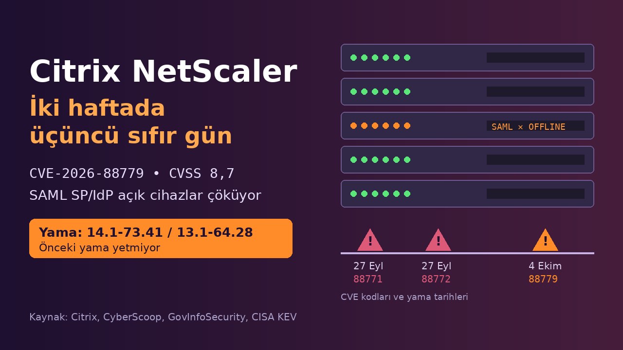 Citrix NetScaler'da iki haftada üçüncü sıfır gün: CVE-2026-88779 SAML açık cihazları düşürüyor