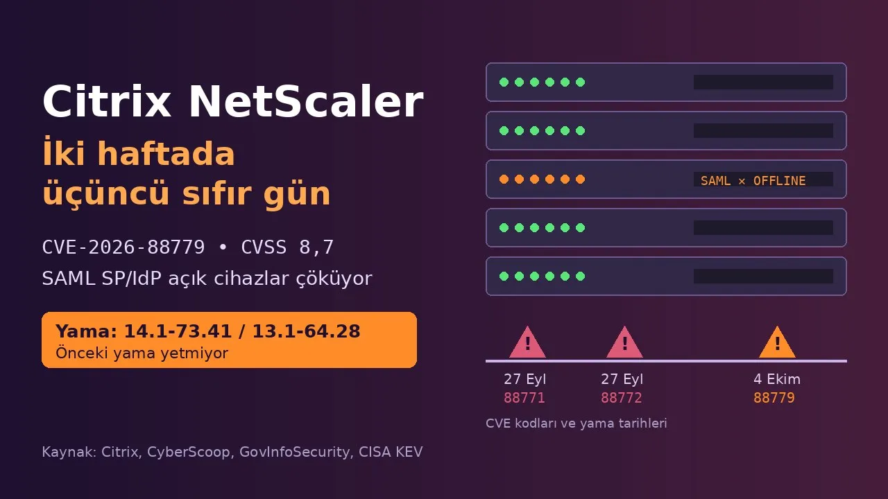 Citrix NetScaler'da iki haftada üçüncü sıfır gün: CVE-2026-88779 SAML açık cihazları düşürüyor