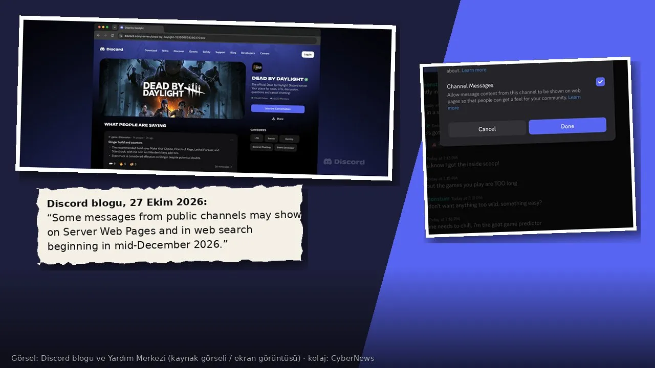 Kolaj: lacivert ve mor zemin üzerinde yırtık kâğıt parçaları; solda Discord blogundan Dead by Daylight sunucusunun web sayfası örneğinin ekran görüntüsü, sağda Discord Yardım Merkezi’nden “Channel Messages” ayar penceresi, altta Discord blogundan “Some messages from public channels may show on Server Web Pages and in web search beginning in mid-December 2026.” alıntısı