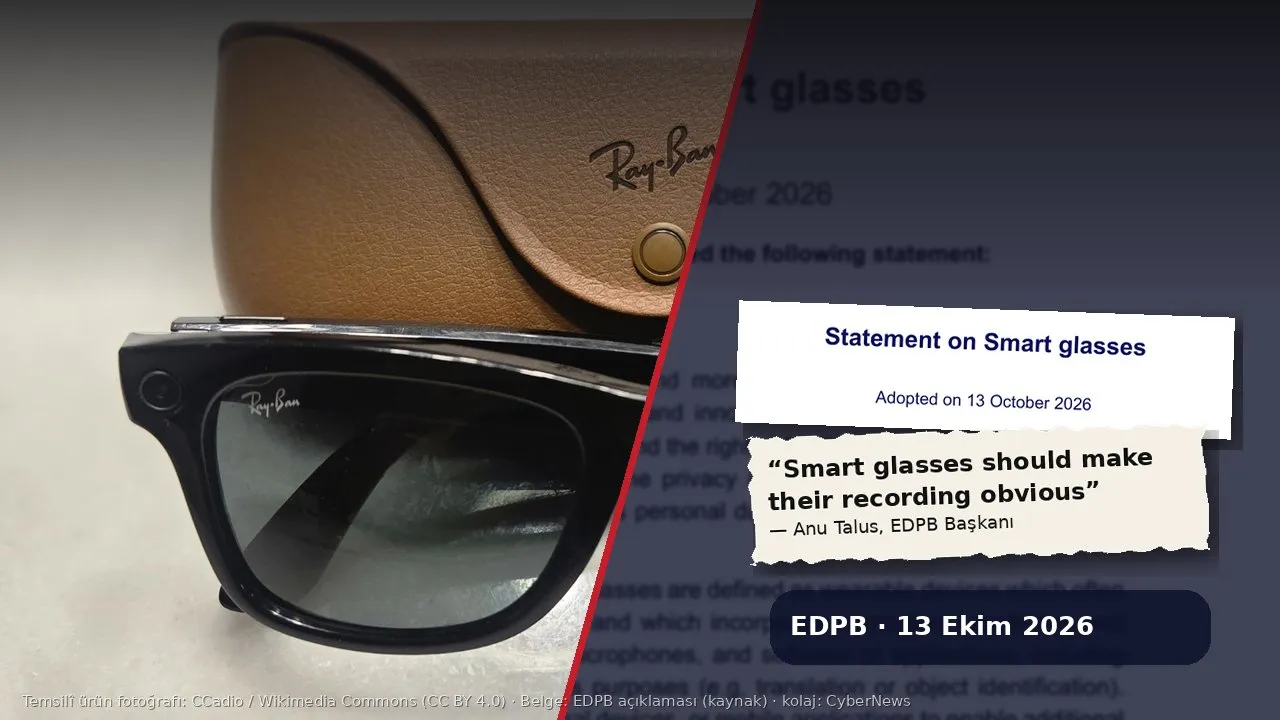 Çapraz bölünmüş kolaj: solda deri kılıfının önünde siyah Ray-Ban Meta akıllı gözlük (temsilî ürün fotoğrafı); sağda EDPB’nin “Statement on Smart glasses – Adopted on 13 October 2026” belgesi ve Anu Talus’un “Smart glasses should make their recording obvious” alıntı kartı