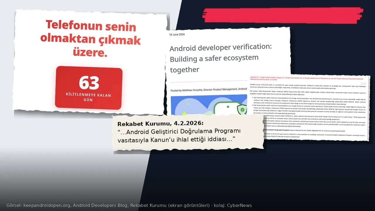 Kolaj: lacivert ve açık gri zemin üzerinde yırtık kâğıt parçaları; solda keepandroidopen.org Türkçe sayfasından “Telefonun senin olmaktan çıkmak üzere.” başlığı ve “63 kilitlenmeye kalan gün” sayacı, ortada Android Developers Blog’un 18 Haziran 2026 tarihli “Android developer verification: Building a safer ecosystem together” yazısı, sağda Rekabet Kurumu’nun Google soruşturması duyurusu ve altında “…Android Geliştirici Doğrulama Programı vasıtasıyla Kanun’u ihlal ettiği iddiası…” alıntısı
