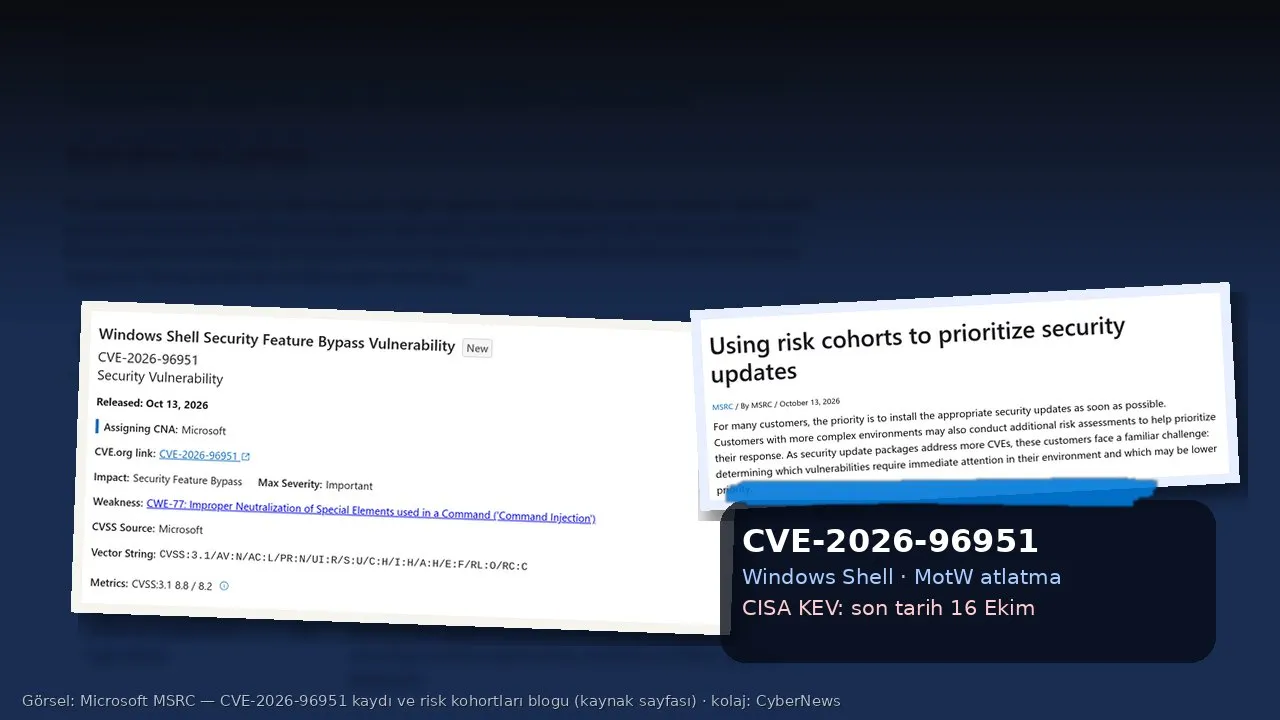 Mavi tonlu kolaj: Microsoft Güvenlik Güncelleme Rehberi’ndeki “Windows Shell Security Feature Bypass Vulnerability – CVE-2026-96951” kaydı ve MSRC’nin “Using risk cohorts to prioritize security updates” blog başlığı; sağ altta CVE-2026-96951 ve CISA KEV son tarih 16 Ekim kartı