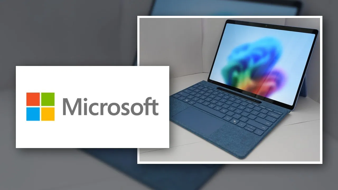 Kolaj: Microsoft logosu ve Windows 11 çalışan bir dizüstü/tablet cihaz