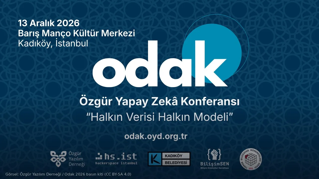 Odak 2026 konferans afişi: lacivert desenli zemin üzerinde büyük beyaz “odak” logosu, “Özgür Yapay Zekâ Konferansı – Halkın Verisi Halkın Modeli” yazısı, sol üstte 13 Aralık 2026, Barış Manço Kültür Merkezi, Kadıköy, İstanbul bilgisi; altta Özgür Yazılım Derneği, Hackerspace Istanbul, Kadıköy Belediyesi, BilişimSEN ve TMMOB BMO logoları