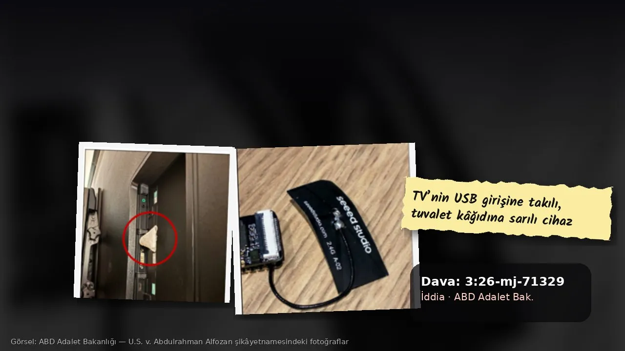 ABD Adalet Bakanlığı şikâyetnamesindeki iki fotoğraf: televizyonun arkasındaki USB girişinde kırmızı daireyle işaretlenmiş, kâğıda sarılı cihaz ve Seeed Studio antenli kayıt kartı; yanında dava numarası kartı