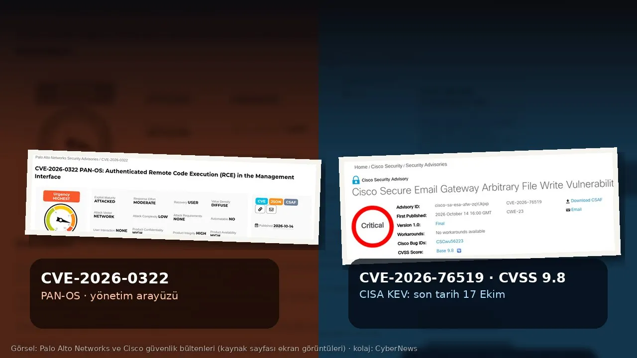 İkiye bölünmüş kolaj: solda turuncu tonda Palo Alto Networks’ün “CVE-2026-0322 PAN-OS: Authenticated Remote Code Execution (RCE) in the Management Interface” bülteni, sağda mavi tonda Cisco’nun “Secure Email Gateway Arbitrary File Write Vulnerability” bülteni ve “Critical” işareti; altta CVE kartları ve CISA KEV son tarih 17 Ekim notu