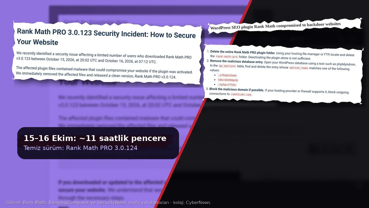 Çapraz bölünmüş kolaj: solda mor tonlu zemin üzerinde Rank Math’in “Rank Math PRO 3.0.123 Security Incident: How to Secure Your Website” başlıklı güvenlik bildiriminden yırtık kâğıt kesiti ve “15–16 Ekim: ~11 saatlik pencere, Temiz sürüm: Rank Math PRO 3.0.124” metin kutusu; sağda koyu zeminde BleepingComputer’ın “WordPress SEO plugin Rank Math compromised to backdoor websites” başlığı ve bildirimdeki rank-math-pro klasörünü silme, wp_options kayıtlarını kaldırma ve rank1cdn.com alan adını engelleme adımları; ortada kırmızı çapraz çizgi