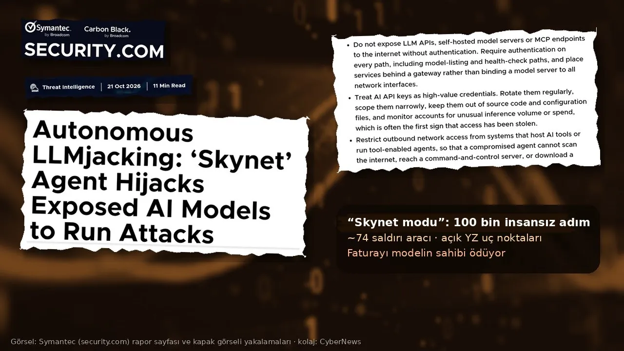 Turuncu-kahverengi tonlu, bulanıklaştırılmış veri dalgası zemininde kolaj: sol üstte Symantec ve Carbon Black logolu “SECURITY.COM” başlığı, altında “Threat Intelligence | 21 Oct 2026 | 11 Min Read” şeridi; solda yırtık kâğıt üzerinde “Autonomous LLMjacking: ‘Skynet’ Agent Hijacks Exposed AI Models to Run Attacks” başlığı; sağ üstte raporun “Do not expose LLM APIs, self-hosted model servers or MCP endpoints…” diye başlayan koruma önerileri; sağda ““Skynet modu”: 100 bin insansız adım / ~74 saldırı aracı · açık YZ uç noktaları / Faturayı modelin sahibi ödüyor” yazan koyu metin kutusu