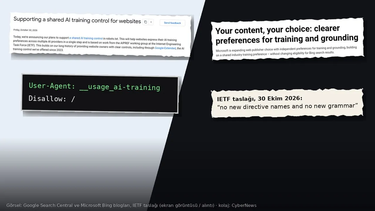 Kolaj: solda açık gri, sağda koyu lacivert çapraz bölünmüş zemin; solda Google Search Central blogundaki “Supporting a shared AI training control for websites” yazısının ekran görüntüsü ve siyah kod kartında “User-Agent: __usage_ai-training / Disallow: /” satırları, sağda Microsoft Bing blogundaki “Your content, your choice: clearer preferences for training and grounding” başlığının ekran görüntüsü ve IETF taslağından “no new directive names and no new grammar” alıntısı